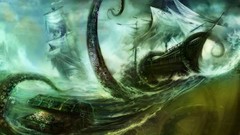 Ships storm tentacles Treasure waves angry fantasy art 