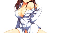 Shirts anime girls brunettes purple eyes cleavage bottomless