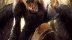 Shoes dolls wings Anime dress white hair red eyes sitting 