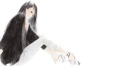 Shoes white background sitting jackets pants long hair anime 