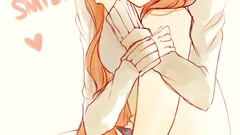 Shorts sitting blouse smiling long hair gray eyes anime girls 