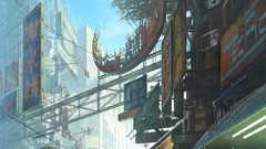 Sign food shop tram meat drawings anime girls cityscapes