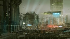 Signs buildings spaceships science fiction cityscapes artwork 