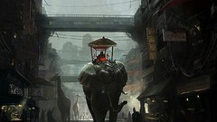 Signs Giraffes elephants overcast cityscapes artwork fantasy art