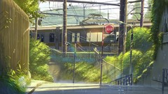 Signs railing roads Makoto Shinkai sunlight street lights power 