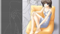 Sitting barefoot anime girls blue eyes brunettes short hair