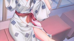 Sitting barefoot anime girls short hair wink yukata Japanese 