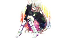 Sitting jackets blondes skirts blush smiling long hair anime 