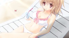 Sitting outdoors blondes anime girls brown eyes bikini
