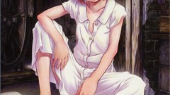 Sitting pink hair anime girls green eyes