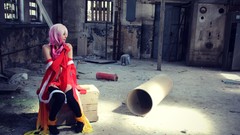 Sitting red dress pink hair long hair guilty crown yuzuriha 