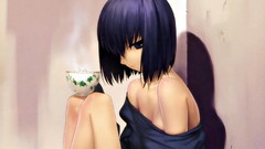 Sitting shadows cups blue hair anime girls blue eyes short hair 