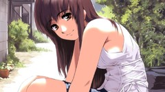 Sitting skirts anime girls brown eyes brunettes