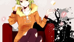 Sitting smiling anime girls goggles short hair vocaloid yellow 