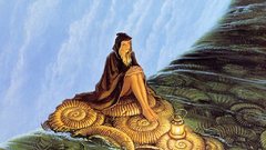 Sitting spirals lanterns fantasy art hooded Michael Whelan