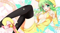 Sitting stockings anime girls green eyes vocaloid green hair 