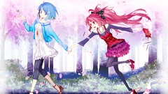 Skirts blue hair anime girls tights flower petals mahou shoujo 