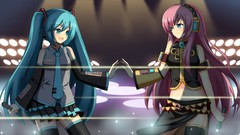Skirts blue hair pink hair long hair blue eyes hatsune miku 
