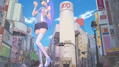 Skirts hatsune miku vocaloid ponytails cityscapes open mouth 