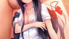 Skirts long hair anime girls purple eyes lying down cleavage 