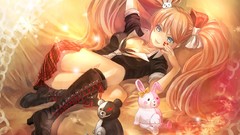 Skirts pink hair long hair cleavage twintails stuffed animals