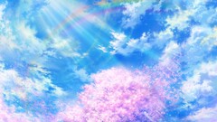 sky cherry blossom rainbows sun rays clouds