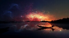 sky Stars water fishermen outdoors nature digital art