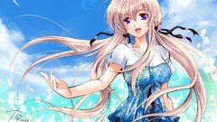 Sky woman Ribbons anime girls purple eyes twintails