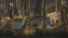 Skyscrapers artwork futuristic city skyline Syd Mead