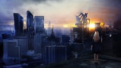 Skyscrapers horizon top view lonely cityscapes digital art 