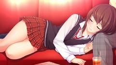 Sleeping couple tie drinks schoolgirls skirts couch long hair 