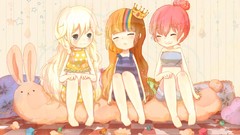 Sleeping white hair sitting pillows pink hair smiling long hair 