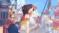 Smiling anime girls blue eyes short hair black hair looking 