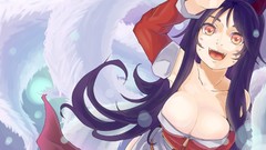 Smiling anime girls duplicate tails League of Legends boobs ahri