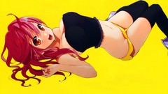 Smiling anime girls redheads cleavage Simple Background thigh 