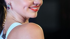 Smiling brunettes models miranda kerr red lipstick