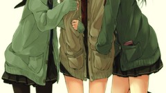 Smiling long hair anime girls school uniforms short hair black 