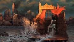 Smoke apocalyptic waves curtains white dress brick wall artwork 
