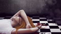 Smoke Cigarettes lying down checkered orange hair anime boys 