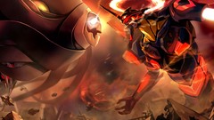 Smoke debris Anime fight ruins apocalyptic red eyes rocks 