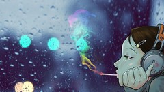 Smoke headphones smokes smoking rain on glass