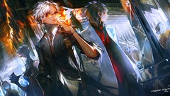 Smoke headphones Station glasses tie Bags white hair Cigarettes 