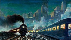 Smoke Skyscrapers railroad tracks artwork locomotives trains