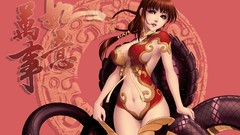 Snakes red background anime girls brown eyes brunettes braids 