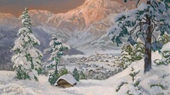 snow artwork switzerland village Trees Mountains painting nature