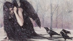 Snow Birds wings Ravens angels long hair flower in hair 