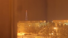 Snow blue wall gold flash window panes