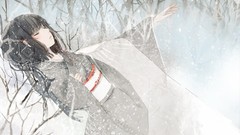 Snow branches closed eyes short hair black hair arms raised 