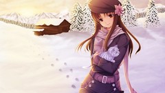 Snow cats hats red eyes scarfs long hair anime girls brunettes 