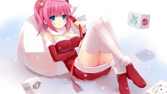 Snow Christmas pink hair anime girls blue eyes thigh highs 